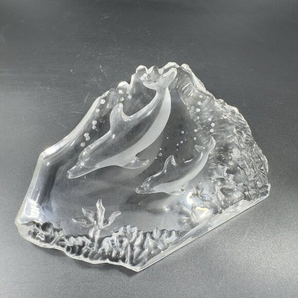 Vintage Clear Crystal Glass Plaque Paperweight Dolphins Figurine Decorative VTG - Picture 7 of 13